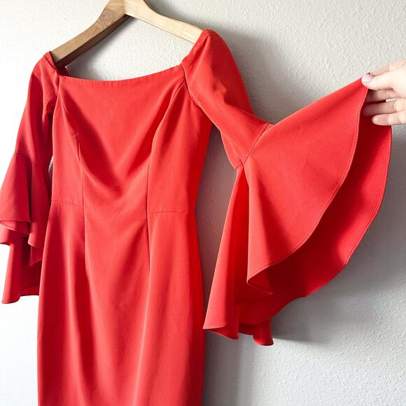 Milly Off-Shoulder Red-Orange Midi Dress - Picture 3 of 16